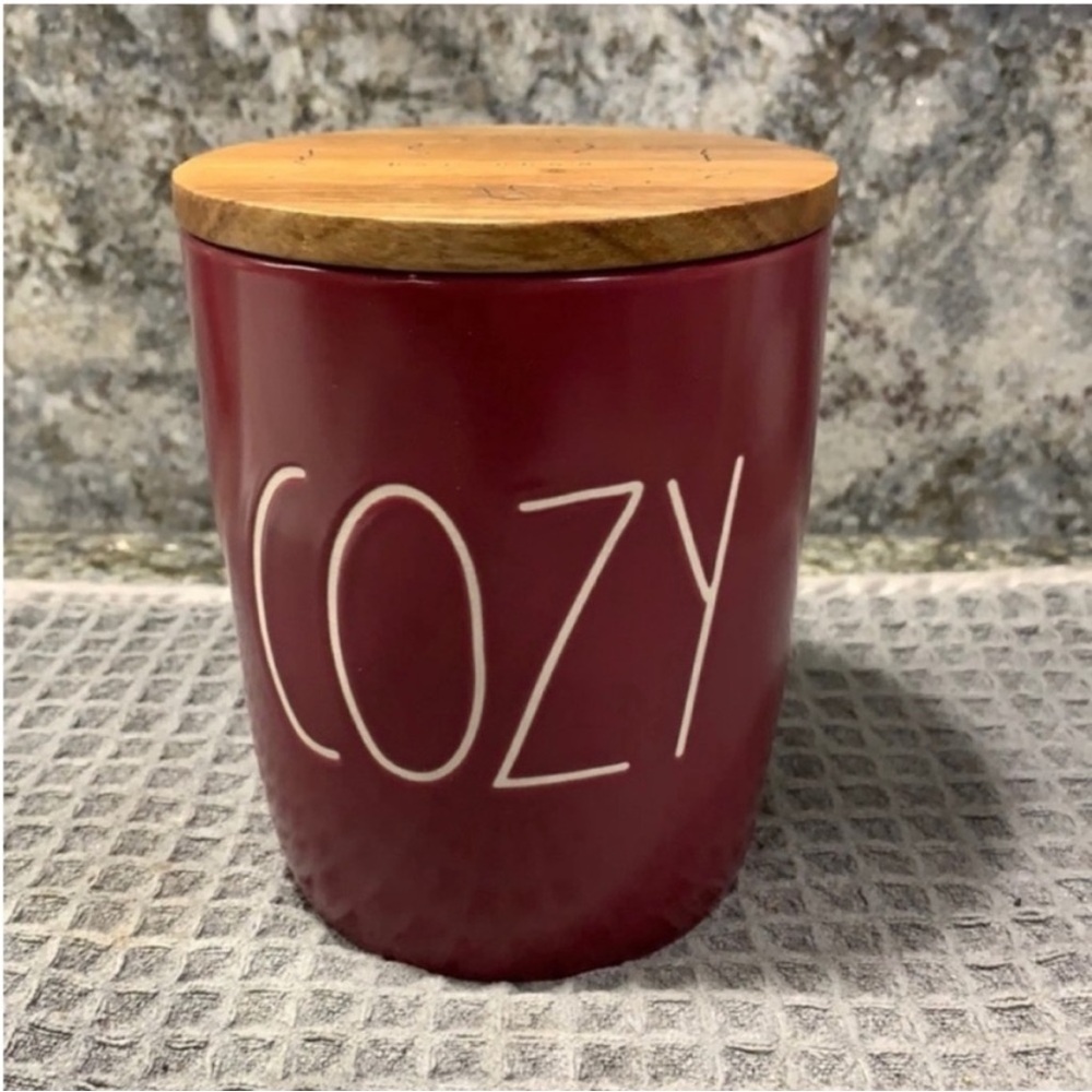 NWT Rae Dunn “COZY” Cellar Burgundy Canister w/ Wood Lid